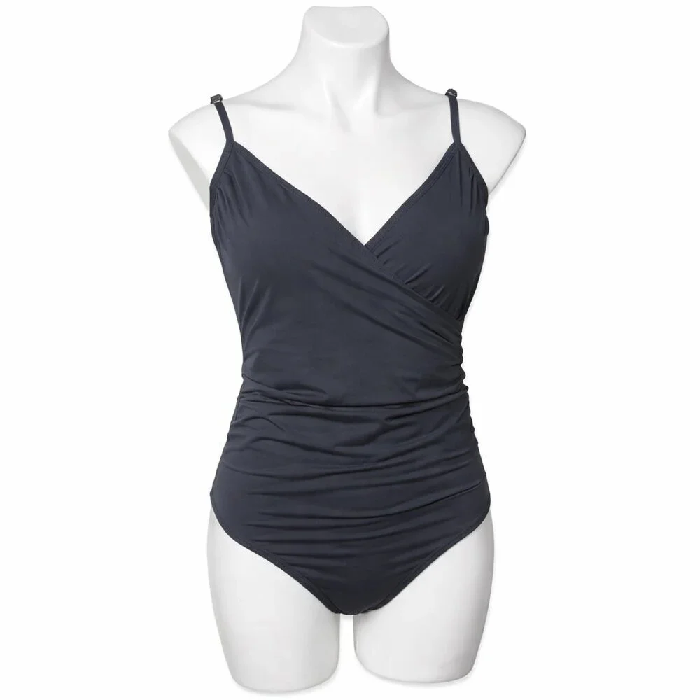 Garnet Hill Charcoal Gray Wrap One-Piece Swimsuit | Size 8 Chic Coastal Travel